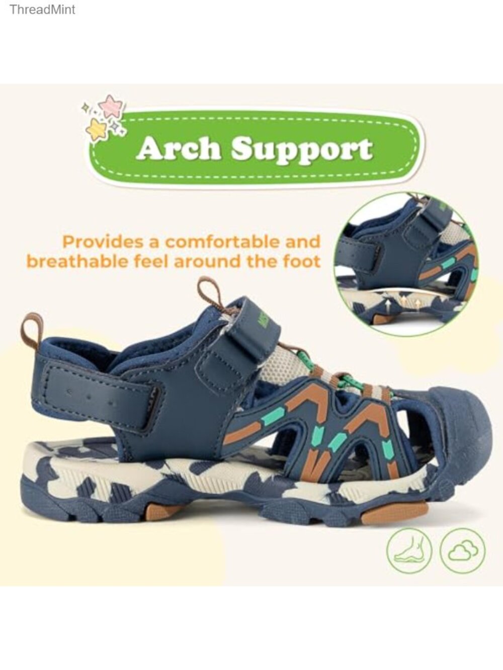 Kids Closed Toe Athletic Sport Sandals | Hook & Loop Adjustable | Quick-Dry PU - Picture 5 of 6